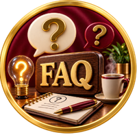 FAQ sign with question bubbles, a lightbulb, coffee cup, and notebook on a gold-and-maroon background