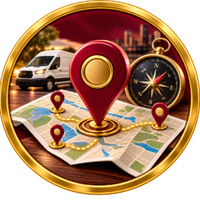 GPS map with red location pins, van, and compass on a gold emblem