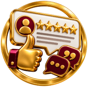 Gold review badge with 5 stars, profile icon, thumbs-up, and chat bubbles on white background