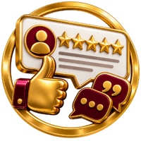 Gold review badge with 5 stars, profile icon, thumbs-up, and chat bubbles on white background