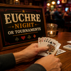 Hand holding a euchre hand at a table beside a sign reading “Euchre Night or Tournaments”