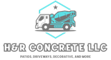 H&R Concrete LLC logo with concrete truck and tagline “Patios. Driveways. Decorative. And More”