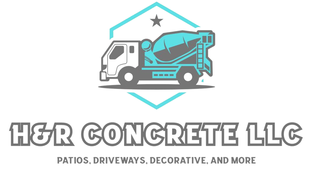 H&R Concrete LLC logo with concrete truck and tagline “Patios. Driveways. Decorative. And More”
