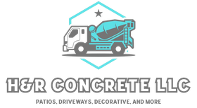H&R Concrete LLC logo with cement truck and text “Patios. Driveways. Decorative. And More.”