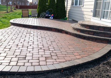 Curved brick patio beside a house with steps, in Shelbyville, IN