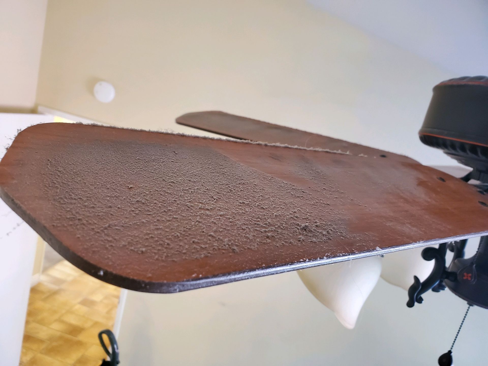 Brown ceiling fan blade covered in dust, indoors.