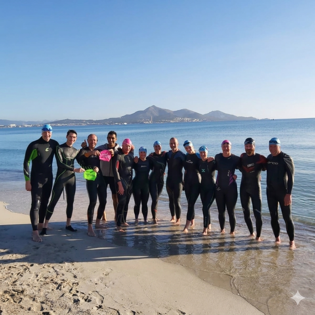Group of wetsuit-clad swimmers posing on a beach with mountains and calm water in the background