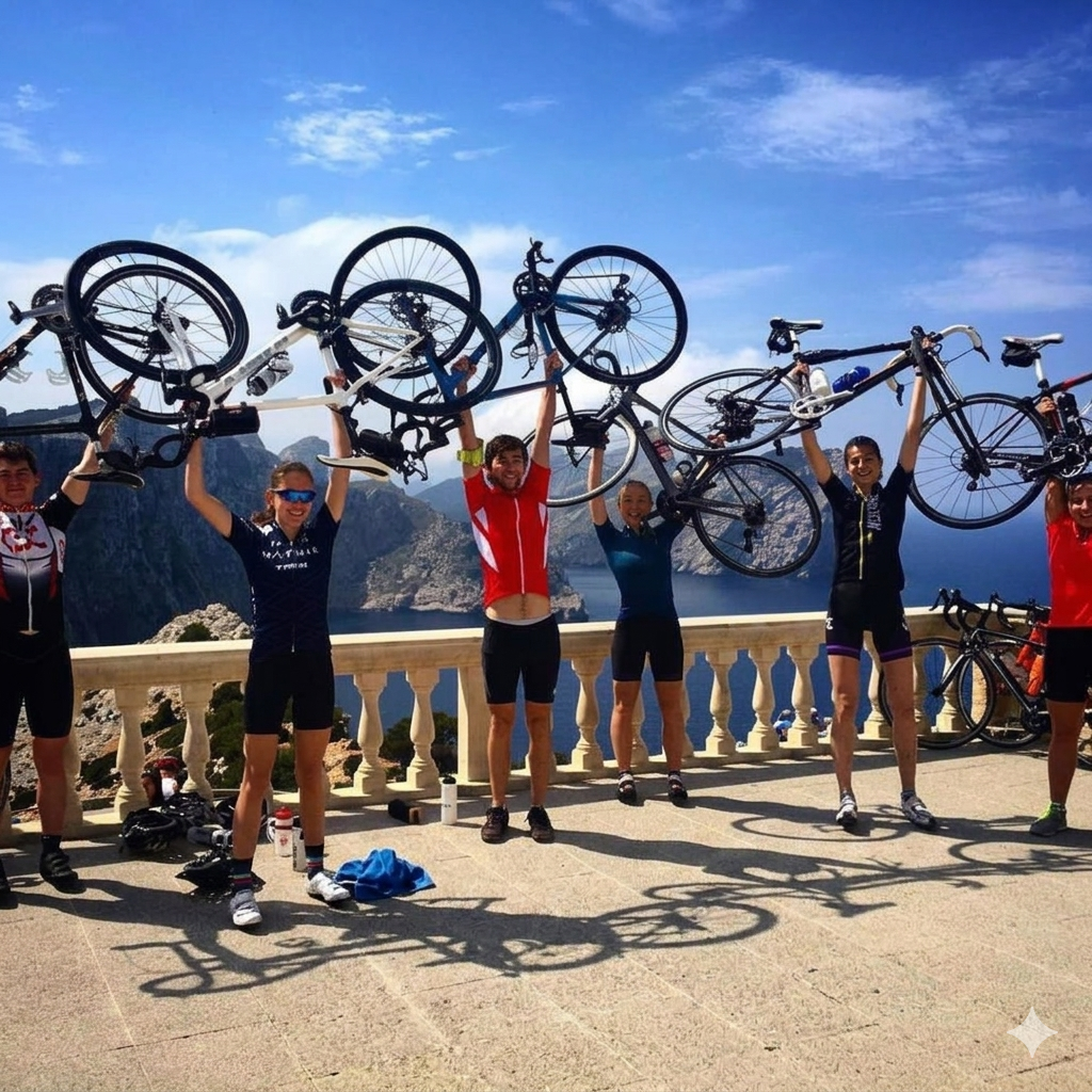 Cyclists holding bikes overhead on a scenic overlook with mountains and blue sky behind them