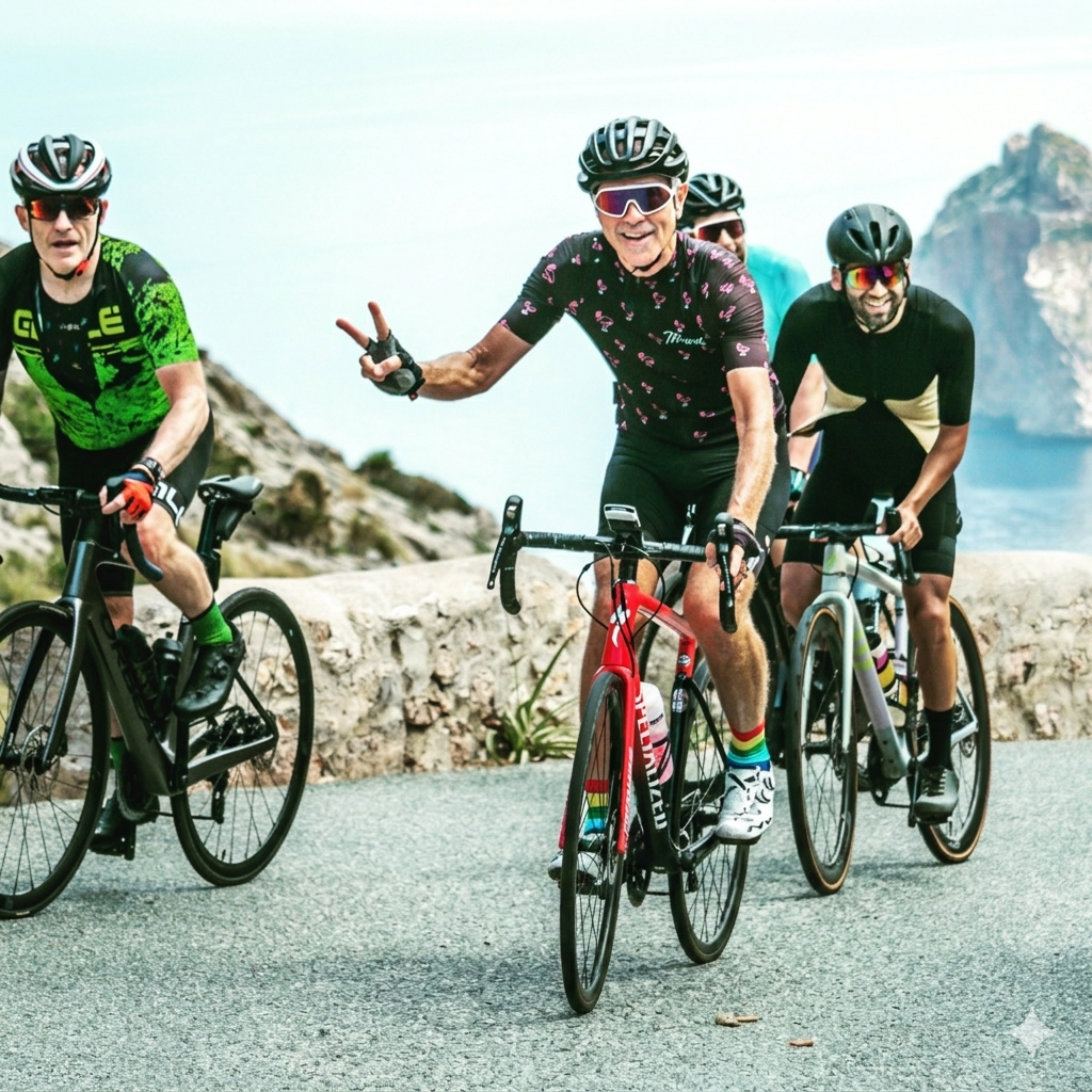 Cyclists riding on a mountain road, one in the center flashing a peace sign with rocky cliffs behind them