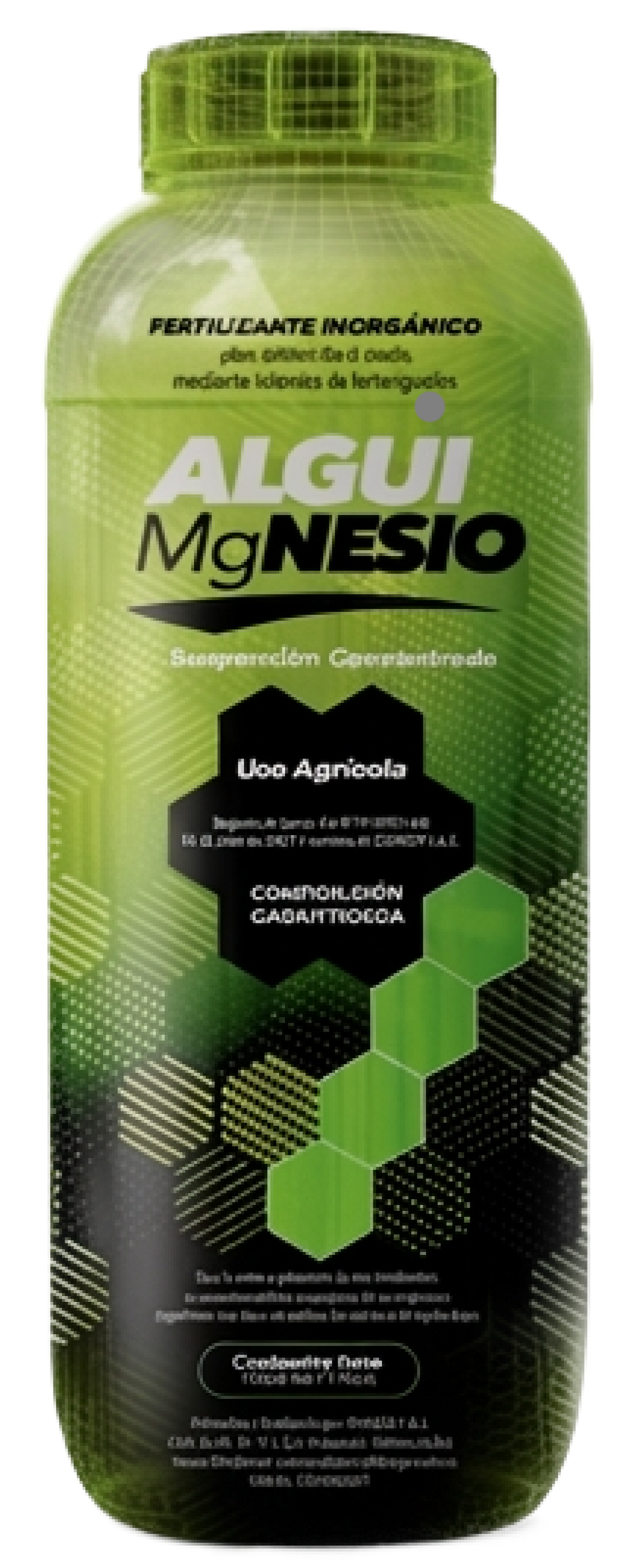 Botella verde del producto agrícola ALGUMI MAGNESIO con etiqueta negra y diseño hexagonal.