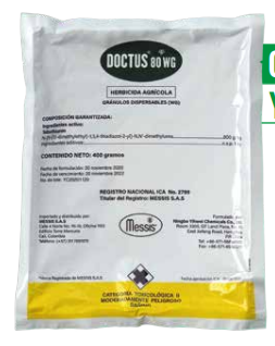 Bolsa blanca para herbicida agrícola DOCTUS 80 WG con logotipo negro y franja amarilla en la parte inferior.