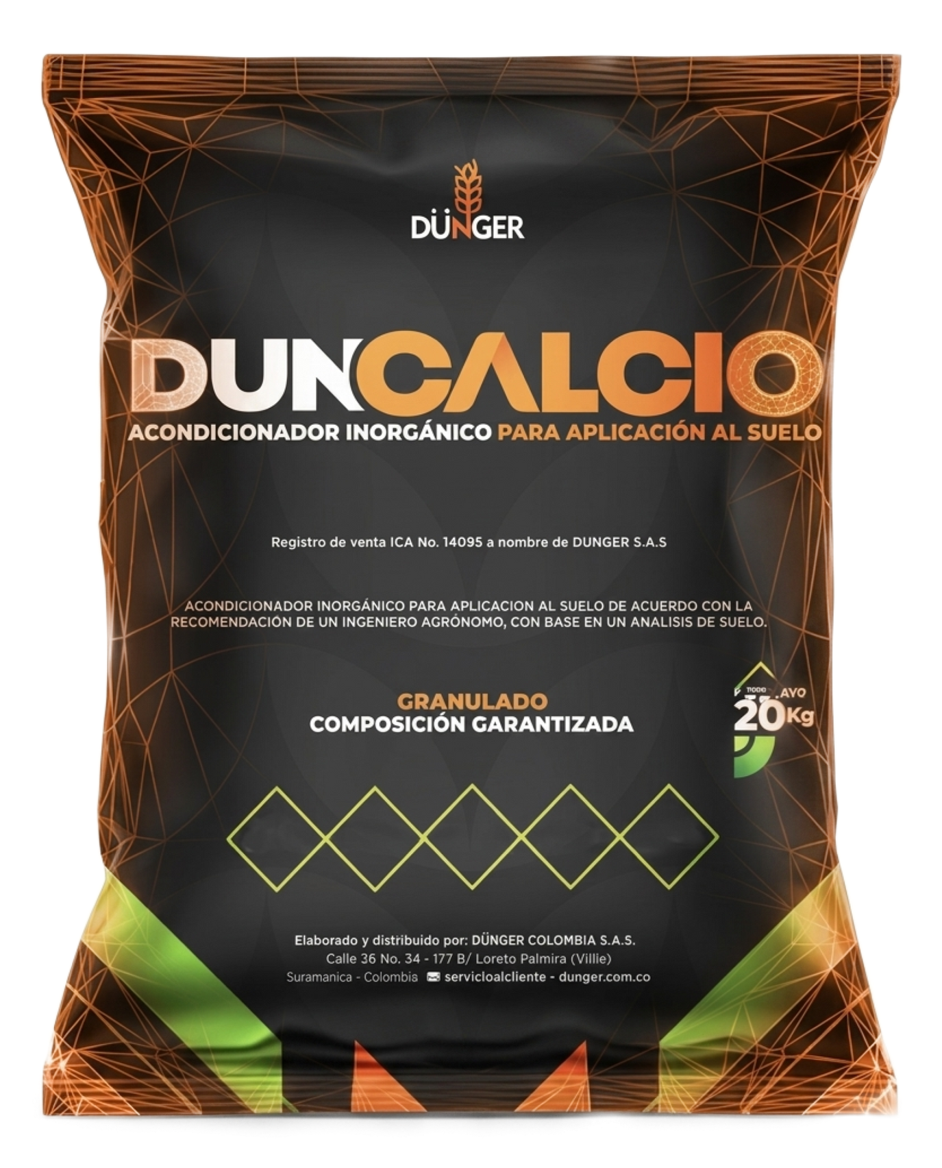 Saco de fertilizante DUNCALCIO negro y naranja, de DÜNGER, para aplicación al suelo.