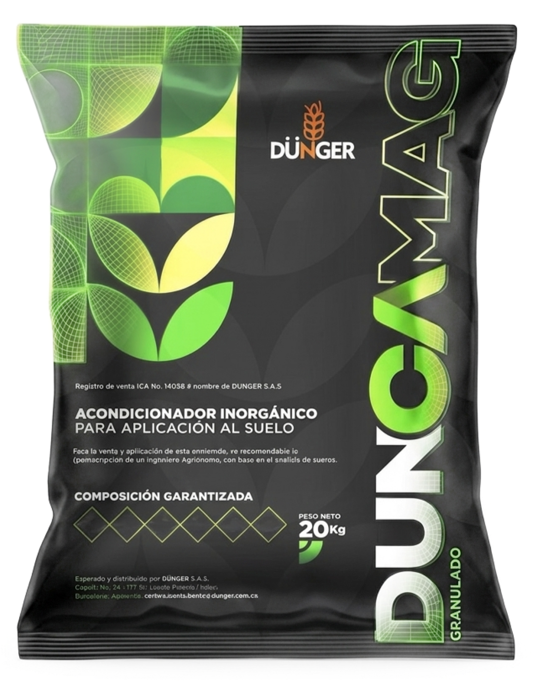 Etiqueta de paquete de acondicionador de suelo orgánico Dunger DUNCAMAG en negro y verde con gráficos de hojas grandes