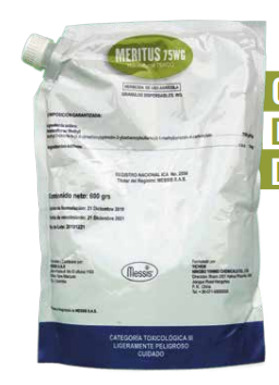 Bolsa para pesticidas MERITUS 75 WG blanca y azul con etiqueta impresa y tapa verde tipo tapón.