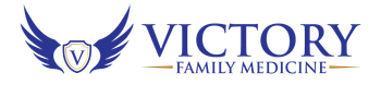 A logo for victory family medicine with a shield and wings.