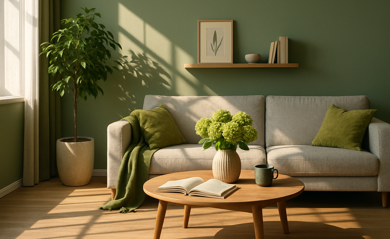 Late summer home design with beige sofa, green cushions, and coffee table decor for an August home refresh.