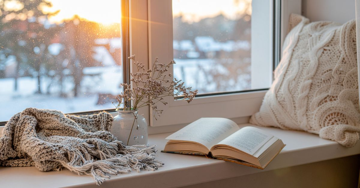 A cozy winter windowsill setup featuring an open book, a knitted blanket, a cream-colored textured pillow, and a small vase with dried flowers. Outside the window, soft sunlight glows over a snowy landscape.
