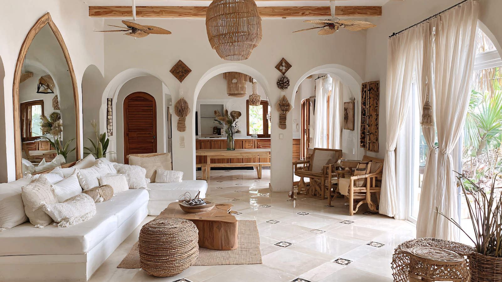 Bright boho-style living room with white sofa, natural wood accents, and woven décor.