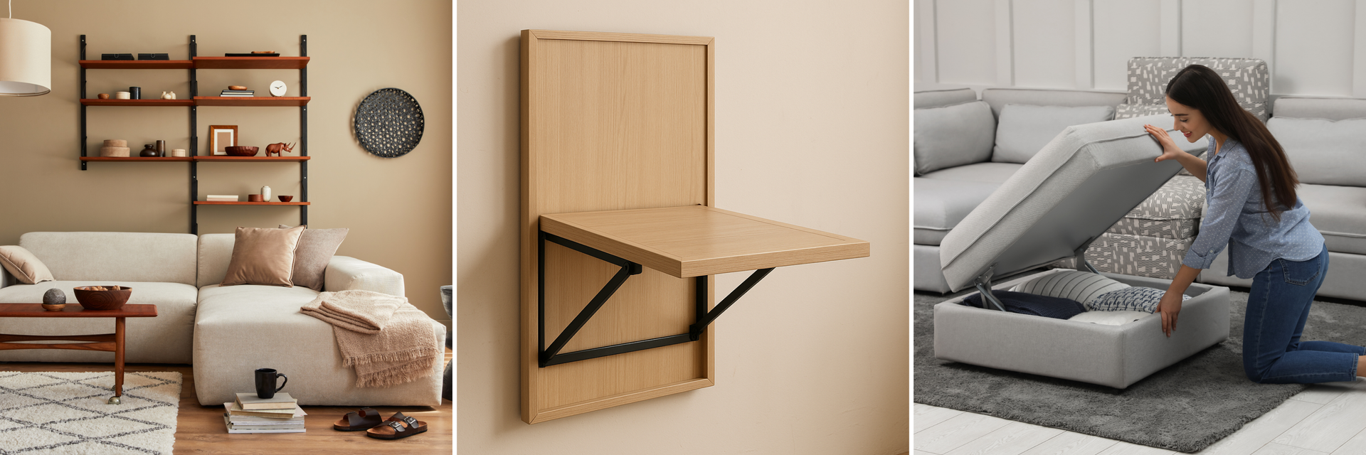 Efficient Home Design with clever storage solutions, wall-mounted furniture, and multi-functional sofa with hidden storage.