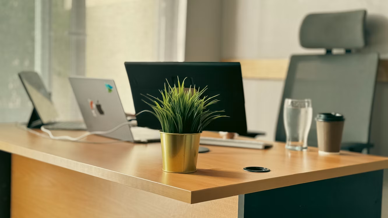 Moderne kantoortafel met laptop, monitor, plant en koffiemok in een lichte vergaderruimte.