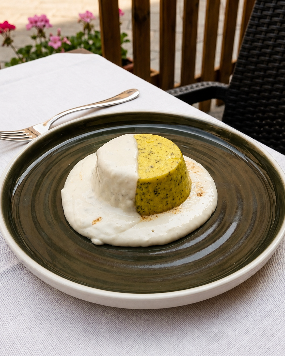 Dessert su un piatto scuro con crema bianca e un cilindro di mousse gialla su un tavolo all'aperto.