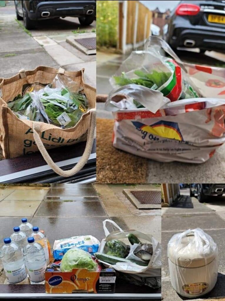 A collage of pictures of a bag filled with groceries.