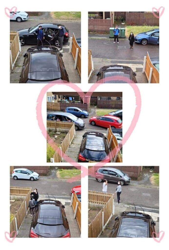 A collage of photos of a car parked in a driveway.