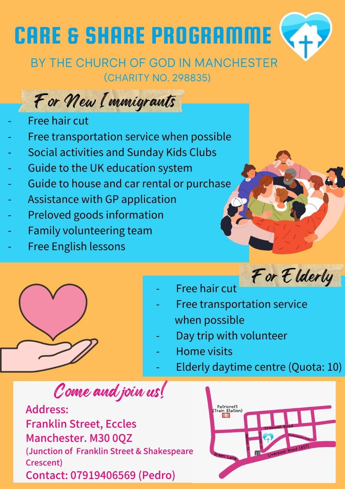 An advertisement for a care and share programme by the church of god in manchester