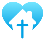 A blue heart with a house and a cross inside of it.
