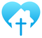 A blue heart with a house and a cross inside of it.
