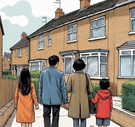 A group of people are walking down a sidewalk in front of a row of houses