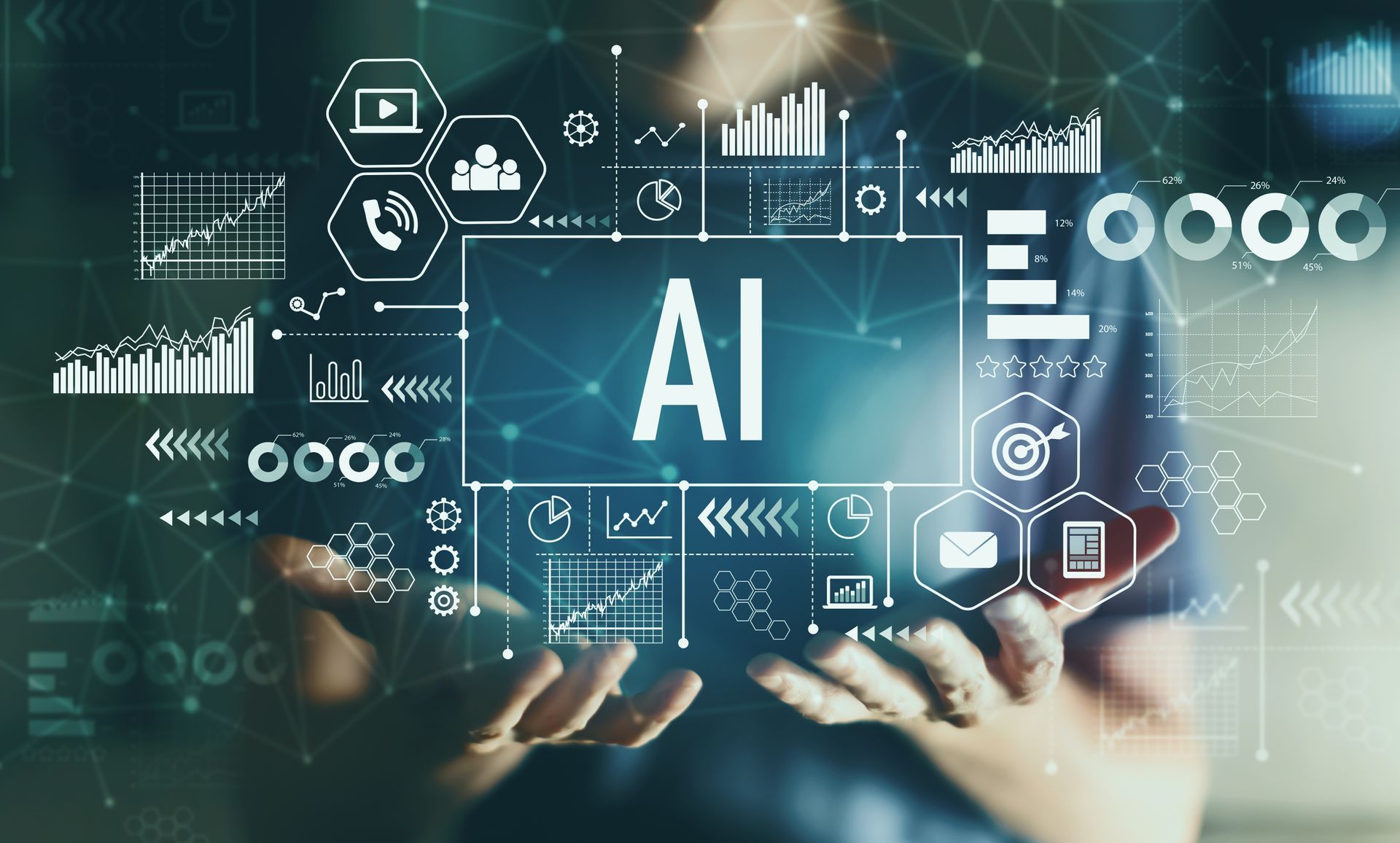An abstract recreation of computer screens and digital marketing information about AI.