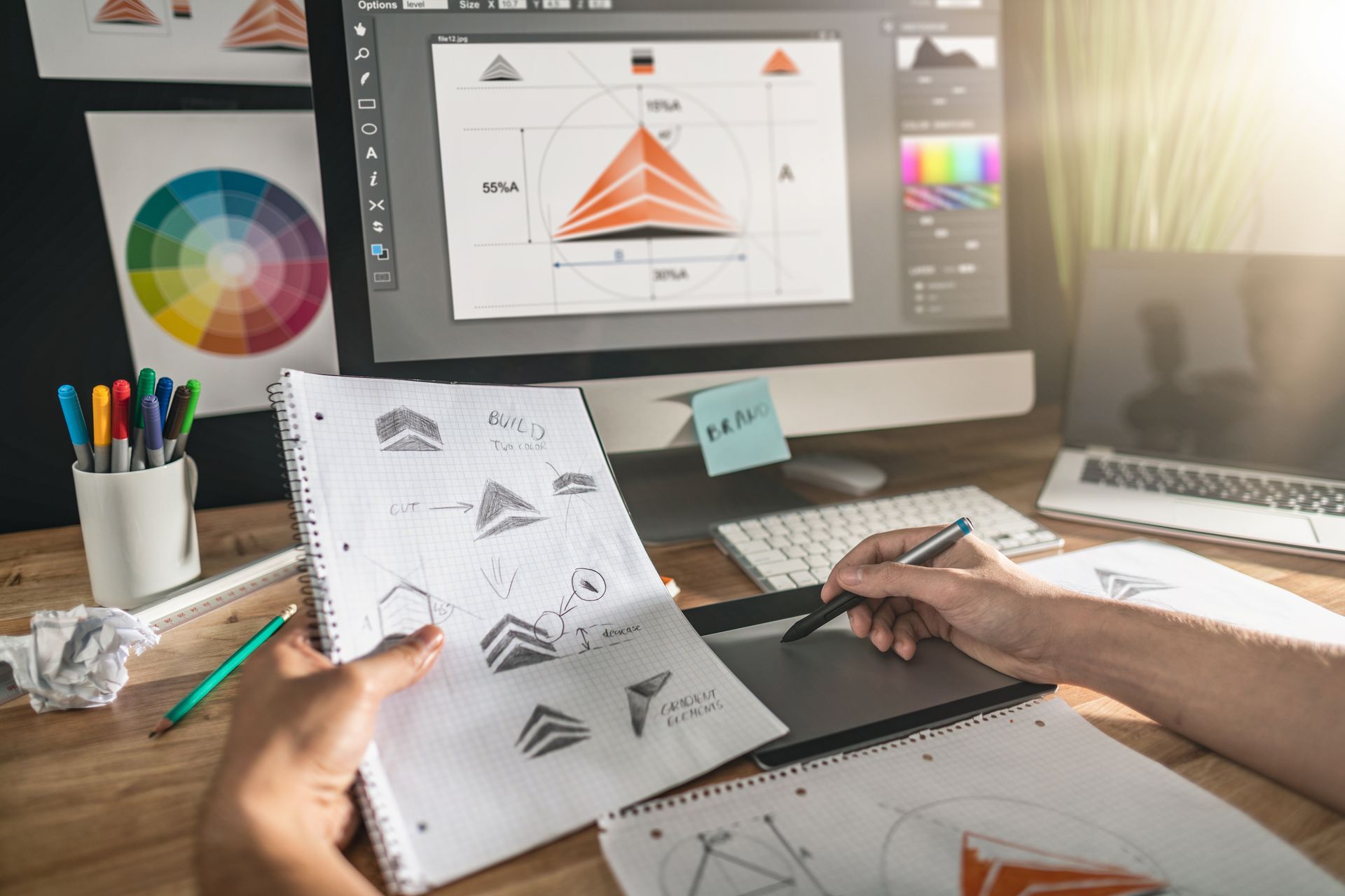Person holding sketches and drawing on a tablet with a stylus while surrounded by design resources
