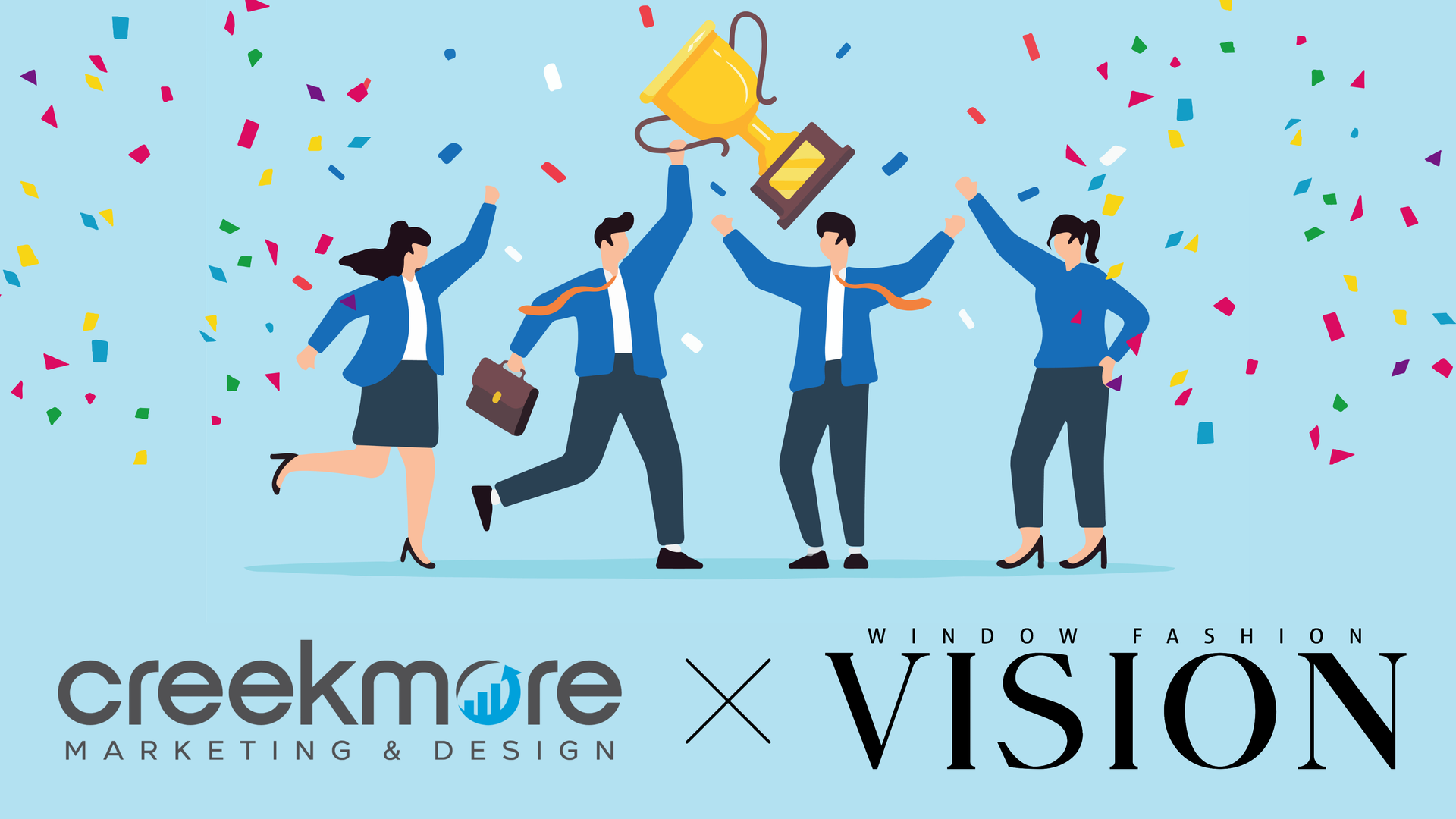 Animated digital marketers celebrating with confetti and logos for Creekmore Marketing and Window Fashions VISION.