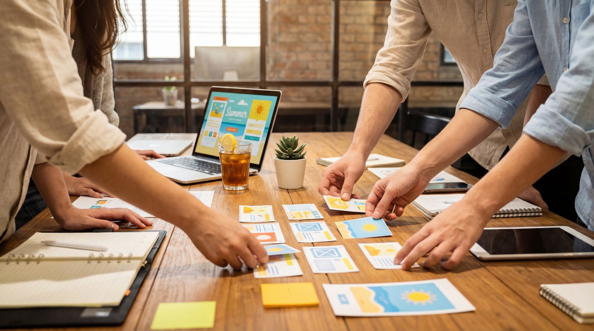 Creative team arranging cards for a new content marketing strategy