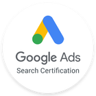 Google Ads Search Certification badge: White circle, Google Ads logo, text