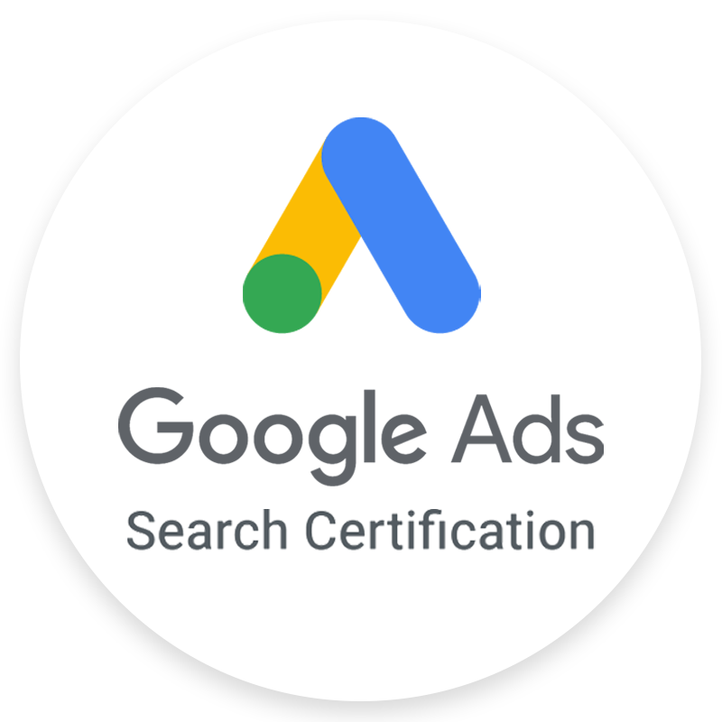 Google Ads Search Certification badge: White circle, Google Ads logo, text 