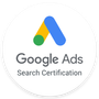 Google Ads Search Certification badge: White circle, Google Ads logo, text