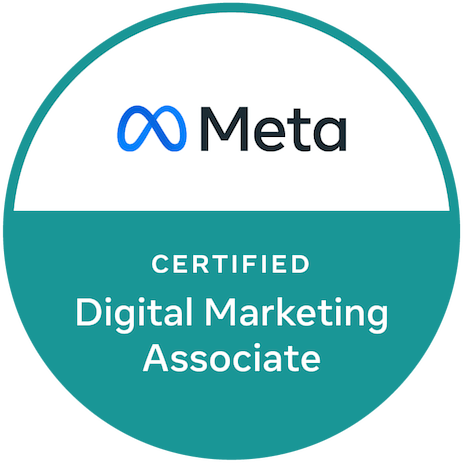 Meta Certified Digital Marketing Associate badge: Teal and white circular logo with Meta logo and text.