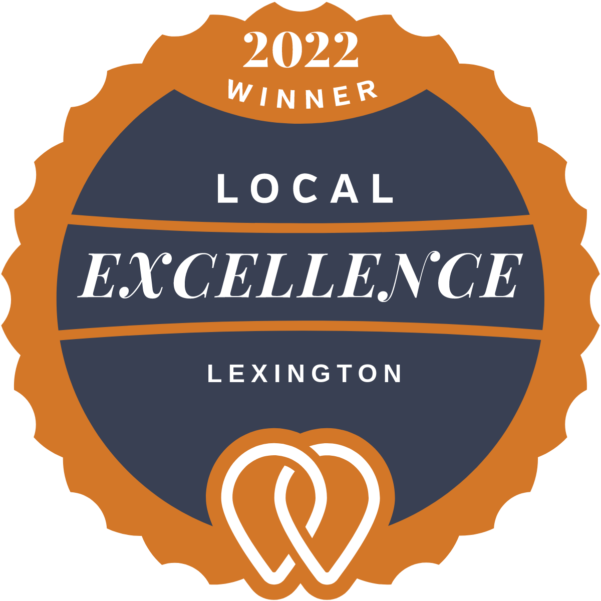 2022 Local Excellence award badge, Lexington. Navy and orange with linked heart graphic.