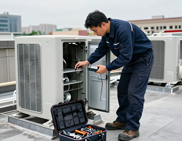 HVAC technician servicing a rooftop commercial condensing unit