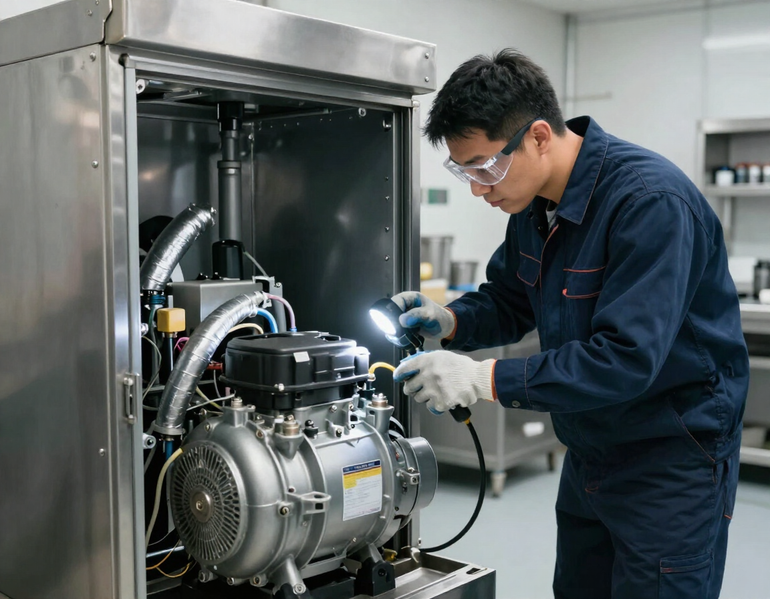 Technician inspecting a commercial ice machine compressor