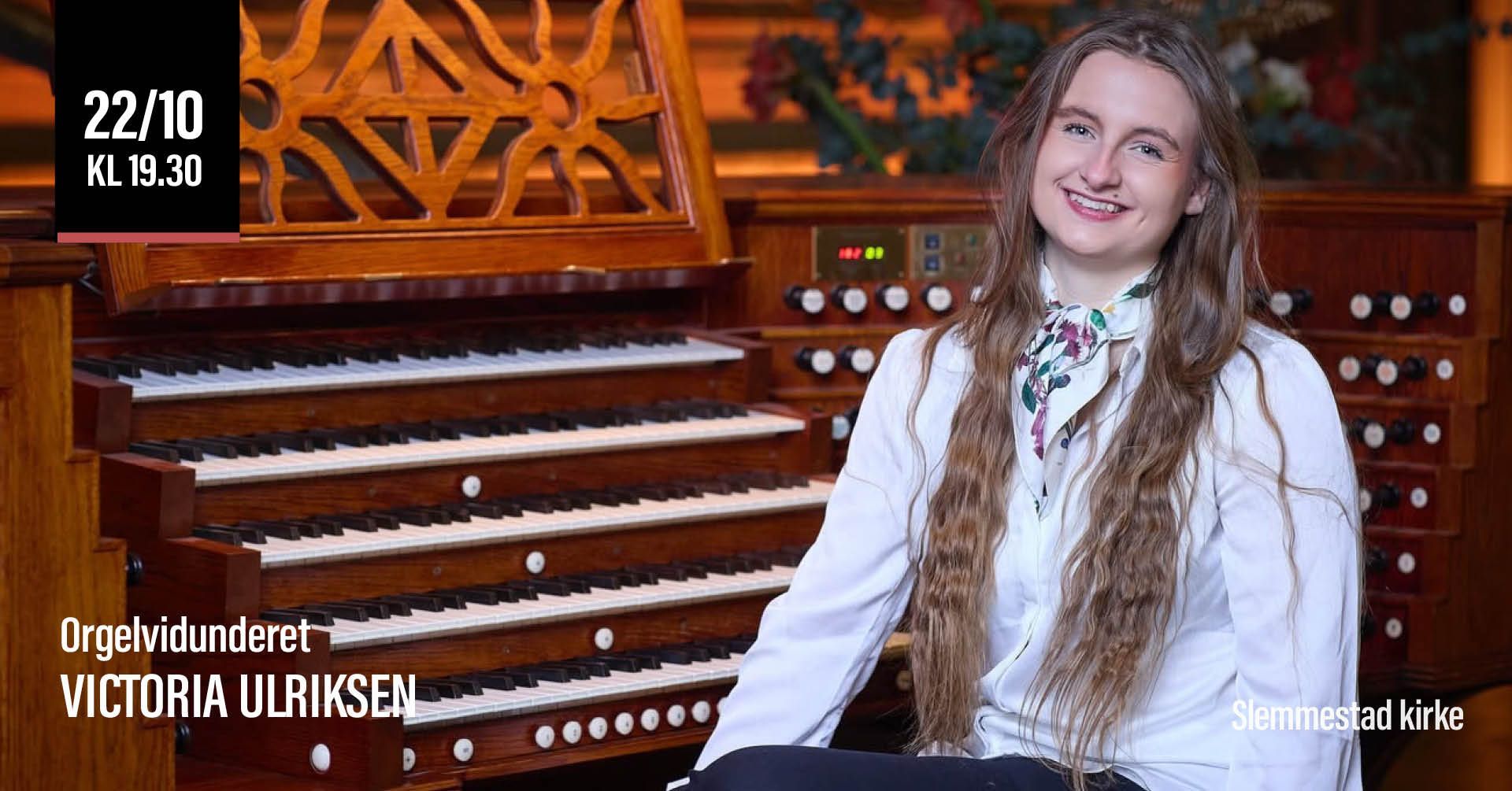 Woman playing an organ. Purple background with text