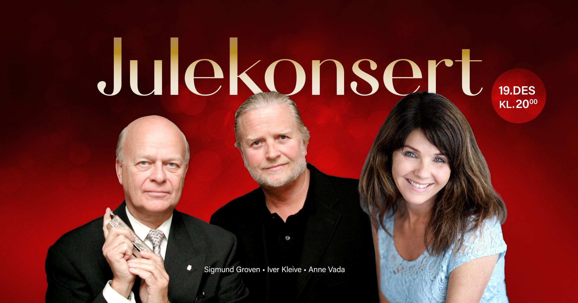 Concert poster: Three people smiling in front of a red background. Title reads 