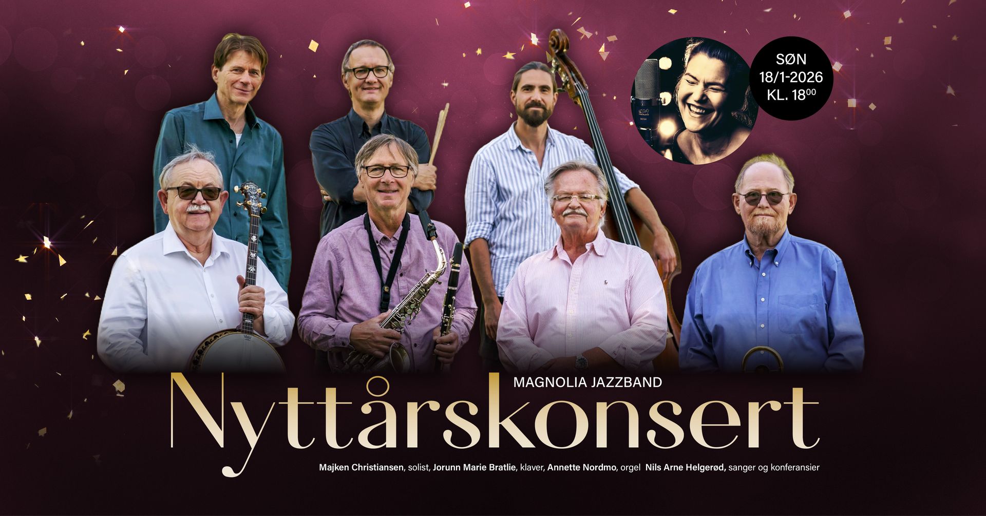 New Year's Concert featuring a band and a vocalist. Group photo with a dark purple background.