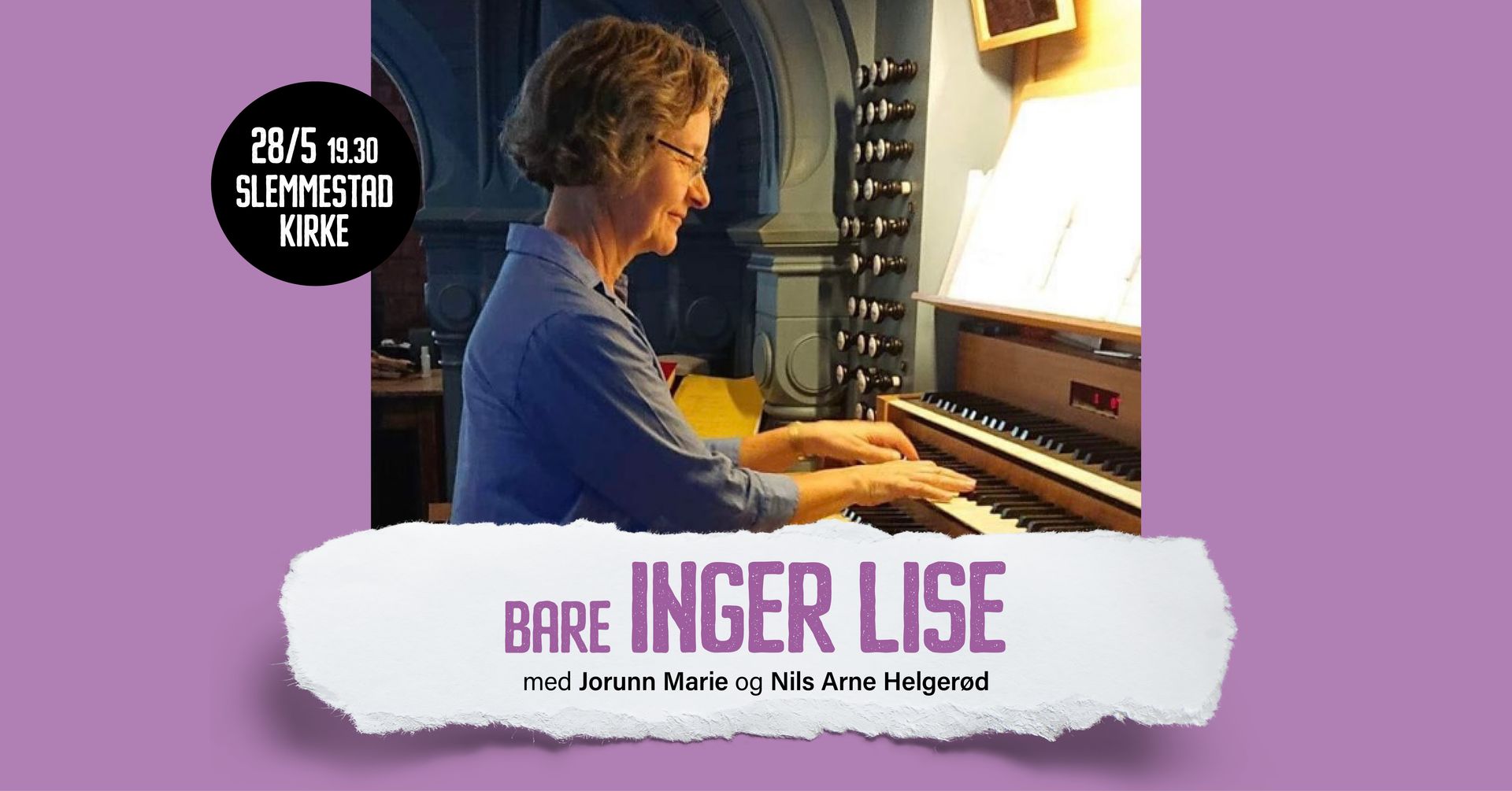 Woman playing an organ. Purple background with text