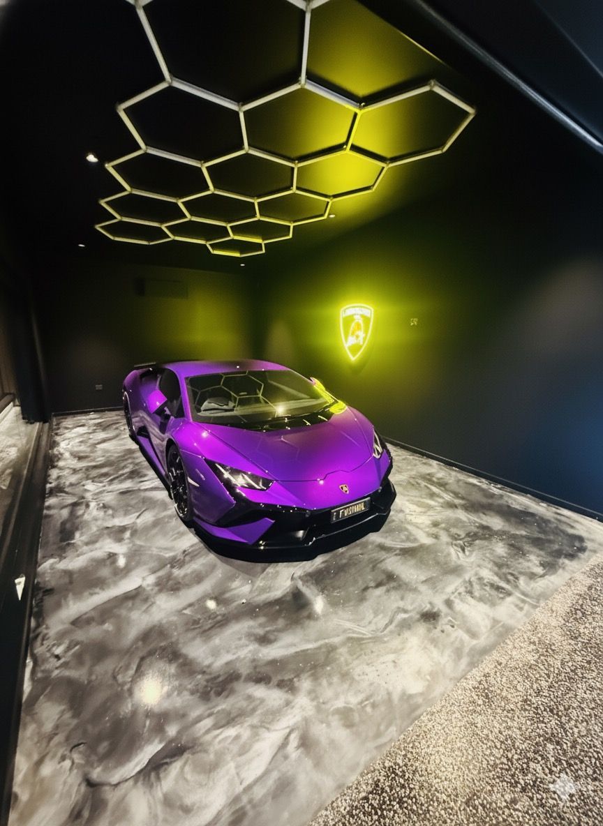 Purple sports car in a dim tunnel with yellow hexagonal ceiling lights — Supremacy Painting Co In White Rock, QLD