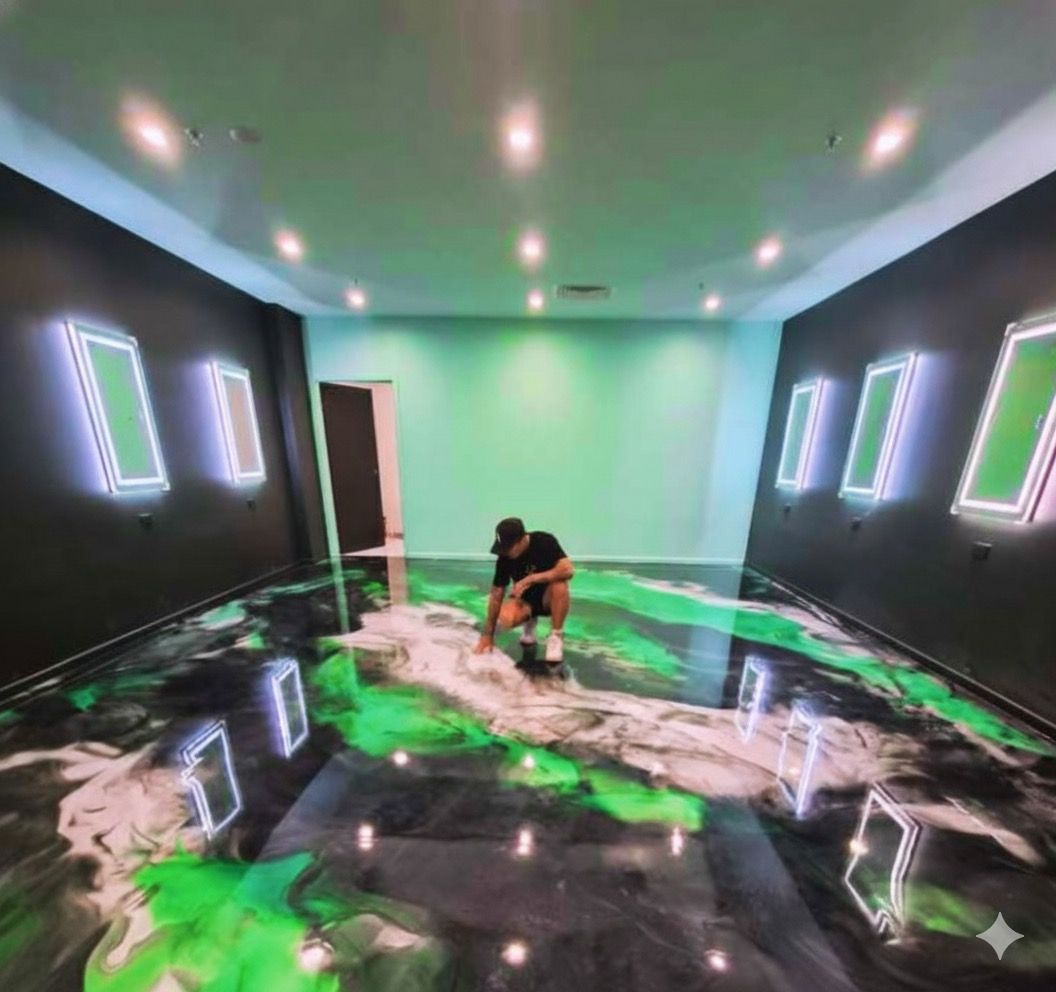 Room with reflective epoxy floor featuring green, black, and white swirls. Black and teal walls, illuminated frames — Supremacy Painting Co In White Rock, QLD