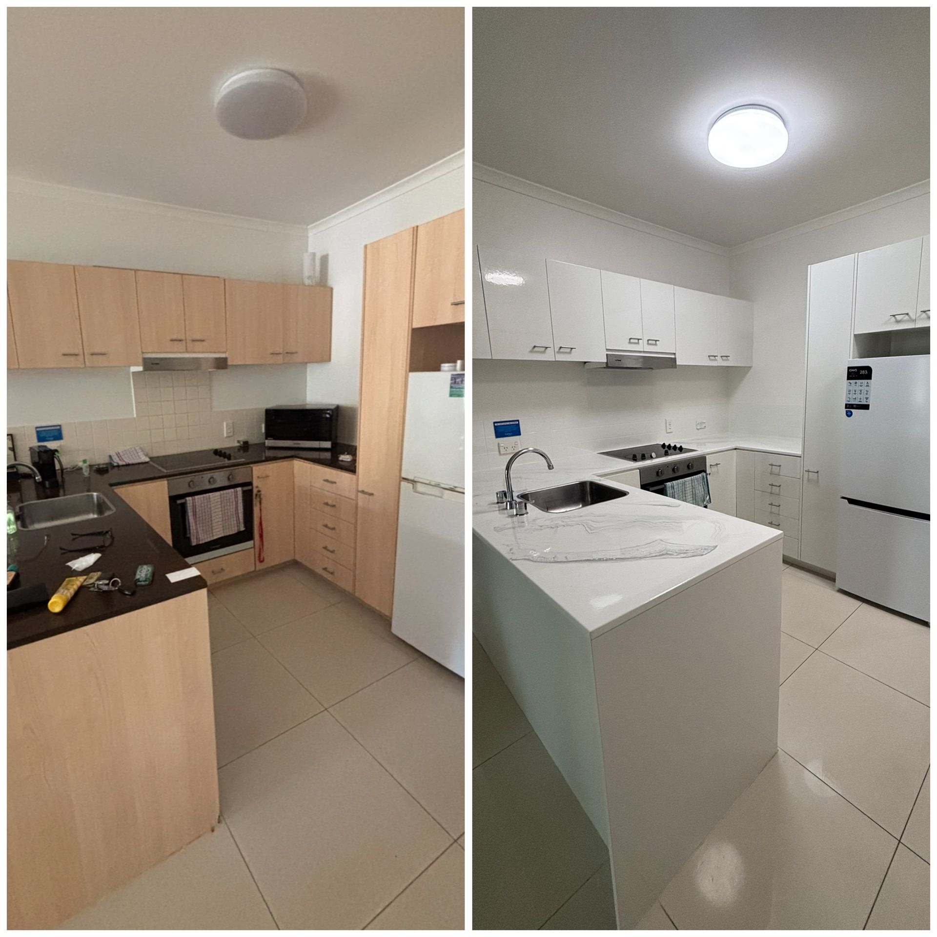 Side-by-side before-and-after kitchen renovation, showing a tan kitchen transformed into a white modern kitchen. — Supremacy Painting Co In White Rock, QLD