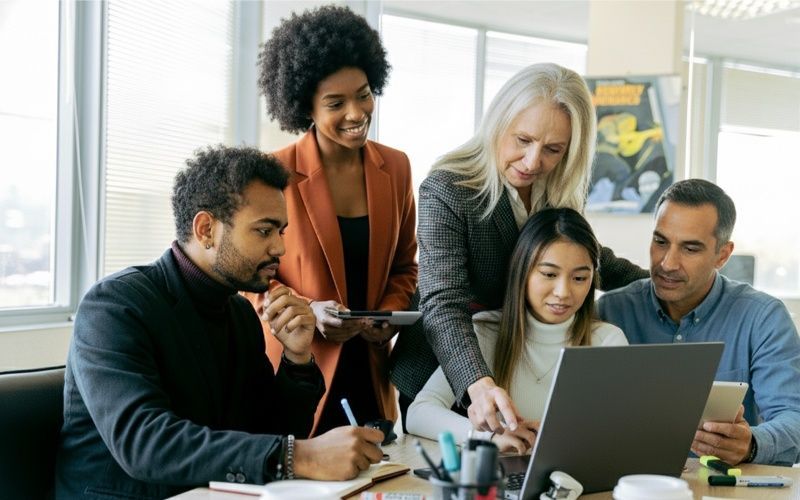 Group of people collaborating around a laptop in an office. A woman points at the screen while others watch.